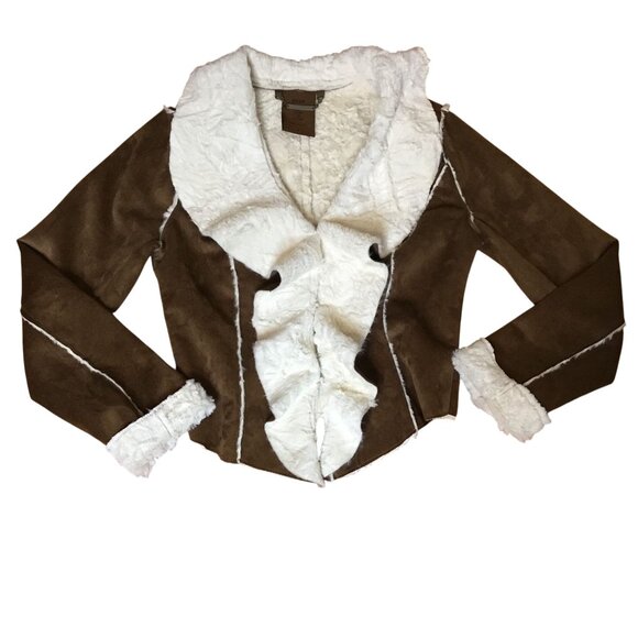 Jou Jou Faux Shearling Jacket Brown S Cream Open Front Moto Style Soft Lined - Picture 1 of 10